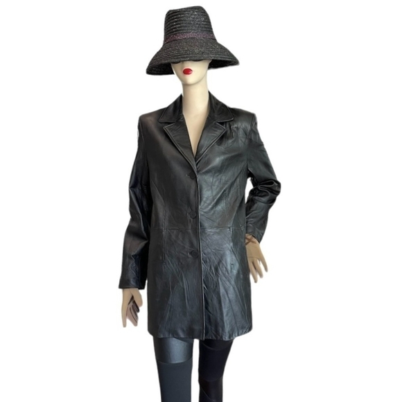 Women Jacket NINE WEST Genuine Leather Coat Black Long Sleeve Button Front Coat - Picture 5 of 10